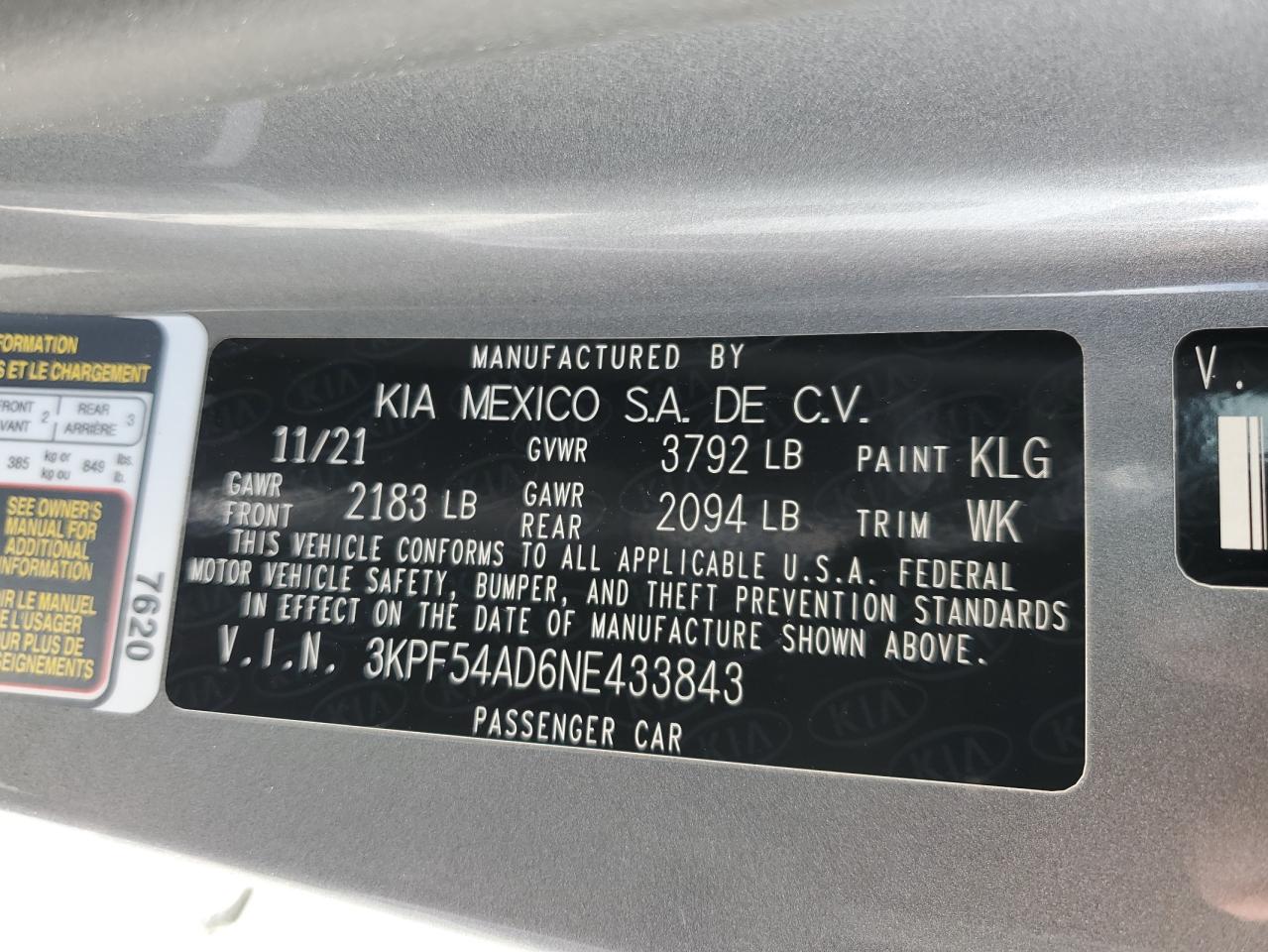 2022 KIA FORTE GT LINE VIN:3KPF54AD6NE433843