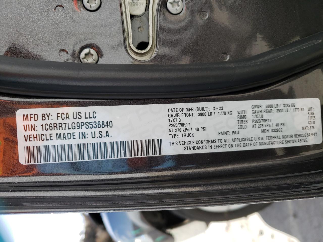 2023 RAM 1500 CLASSIC SLT VIN:1C6RR7LG9PS536840
