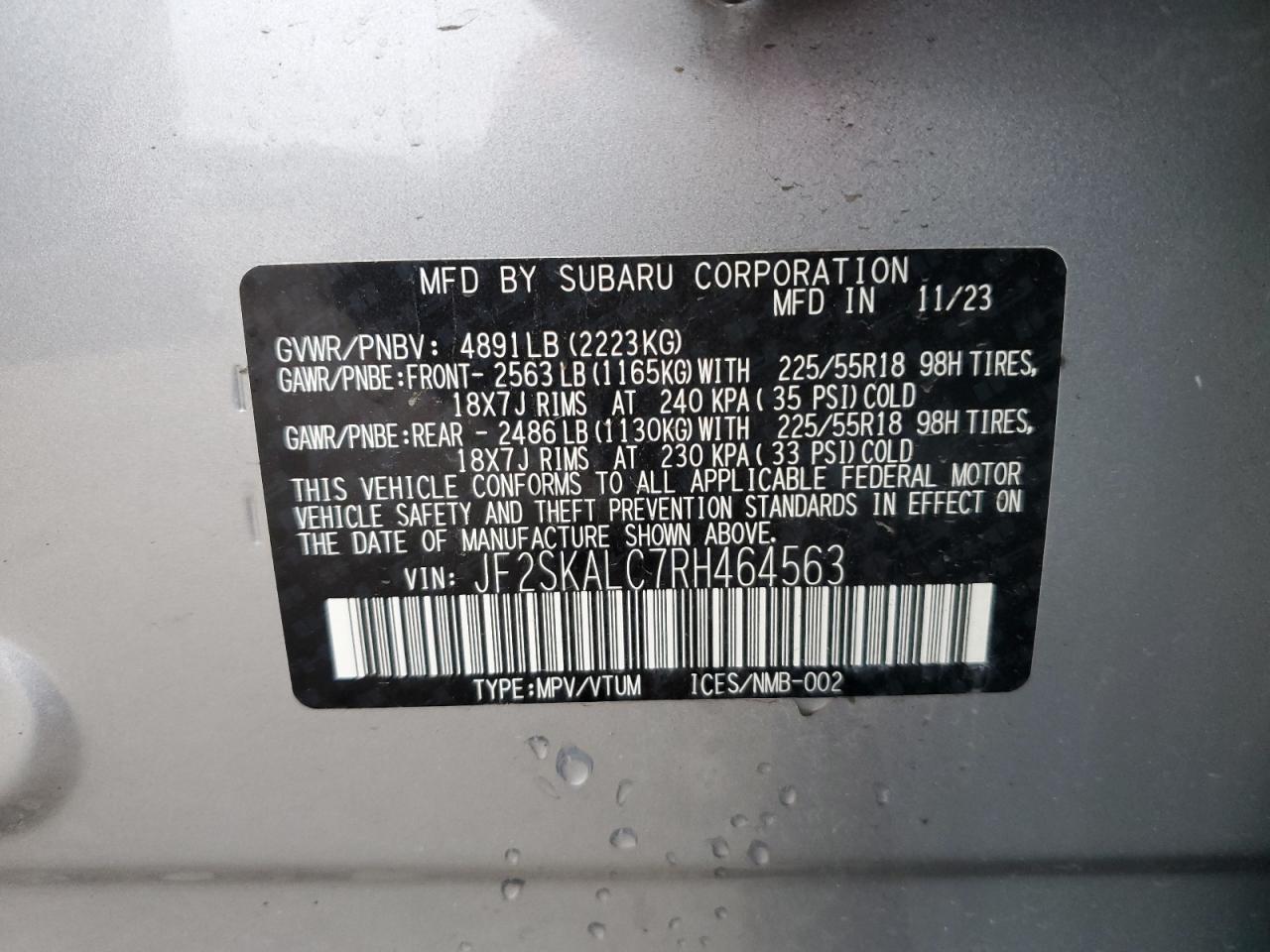 2024 SUBARU FORESTER LIMITED VIN:JF2SKALC7RH464563