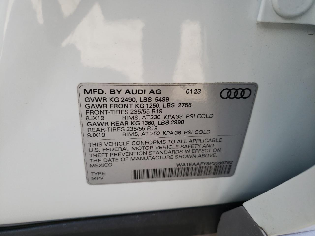 2023 AUDI Q5 PREMIUM PLUS 45 VIN:WA1EAAFY9P2089792