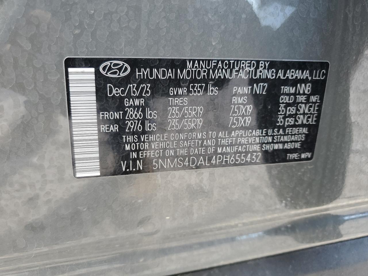 2023 HYUNDAI SANTA FE LIMITED VIN:5NMS4DAL4PH655432