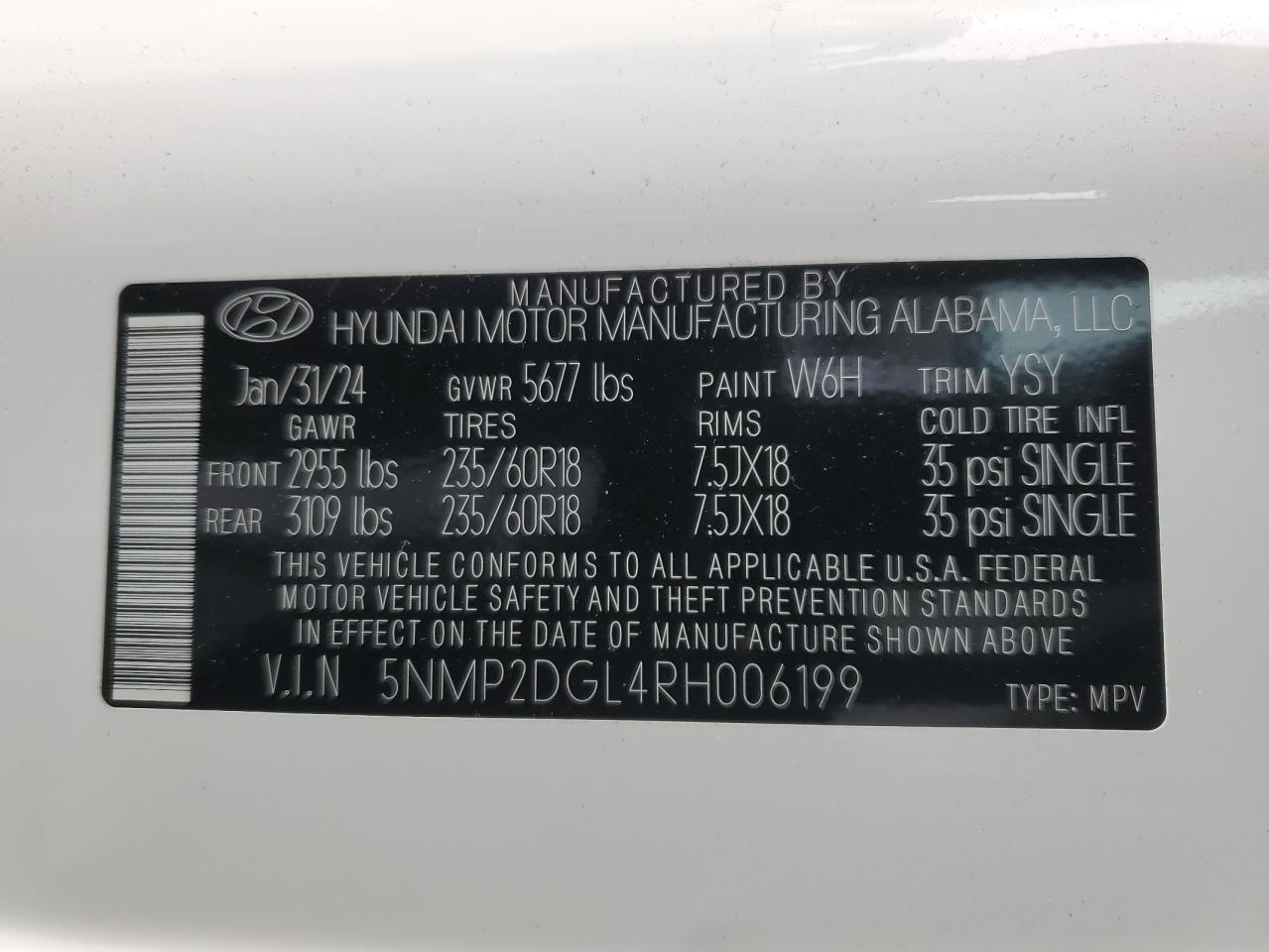 2024 HYUNDAI SANTA FE SEL VIN:5NMP2DGL4RH006199