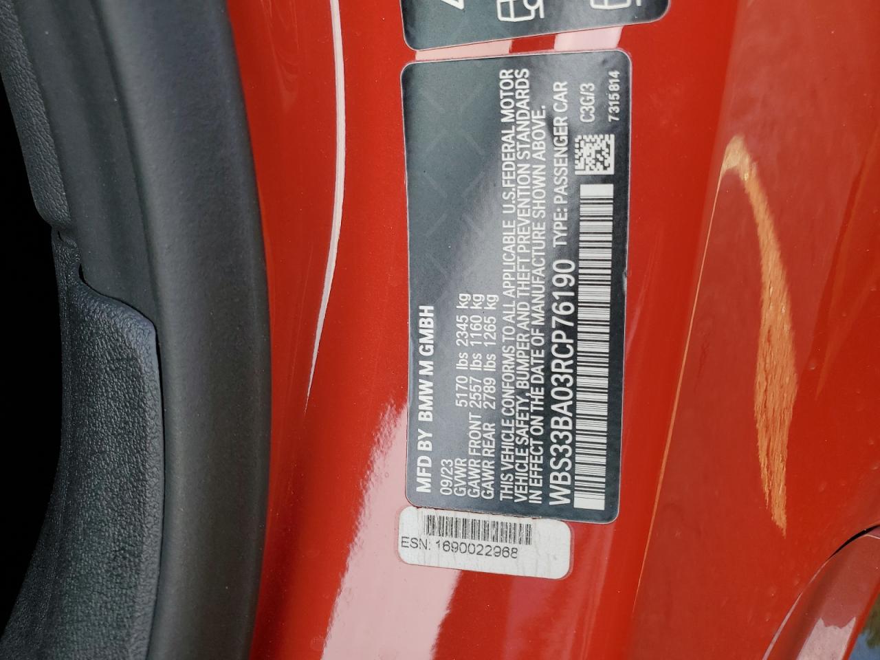 2024 BMW M4 COMPETITION VIN:WBS33BA03RCP76190