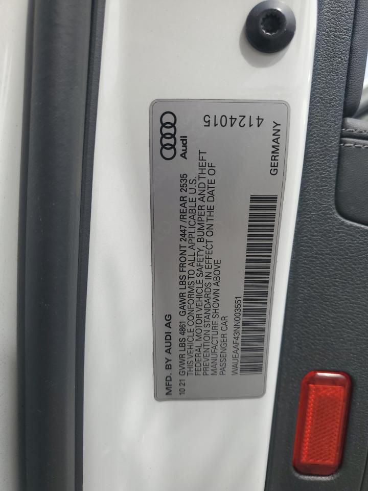 2022 AUDI A4 PREMIUM PLUS 45 VIN:WAUEAAF43NN003551