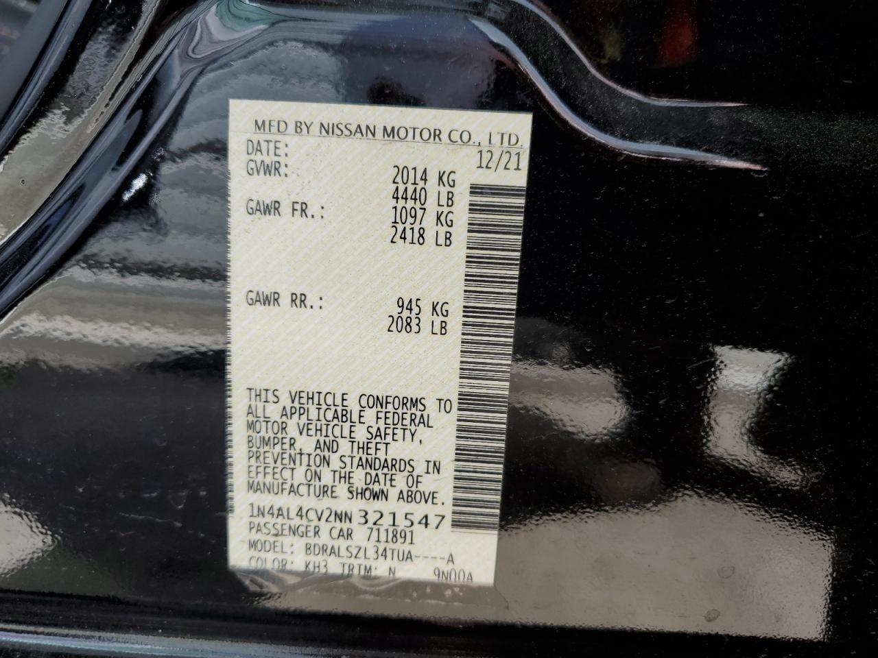 2022 NISSAN ALTIMA SR VIN:1N4AL4CV2NN321547