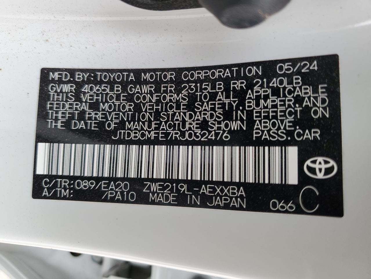 2024 TOYOTA COROLLA LE VIN:JTDBCMFE7RJ032476
