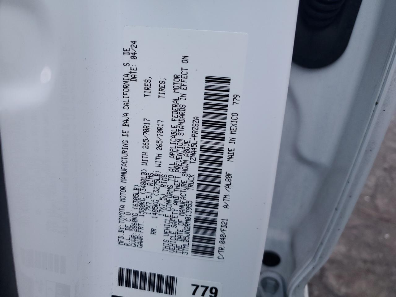 2024 TOYOTA TACOMA DOUBLE CAB VIN:3TMLB5JN2RM013955