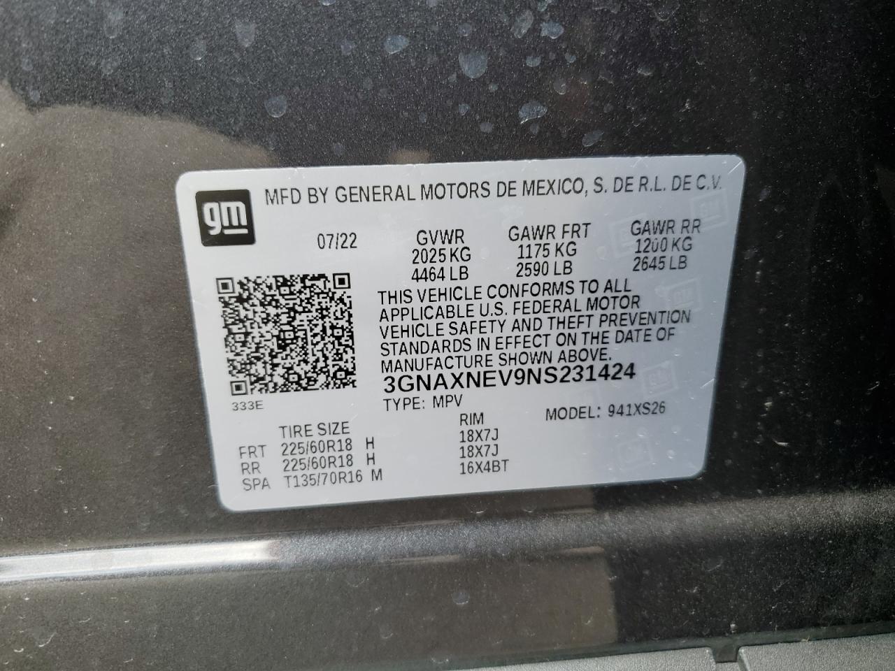 2022 CHEVROLET EQUINOX PREMIER VIN:3GNAXNEV9NS231424