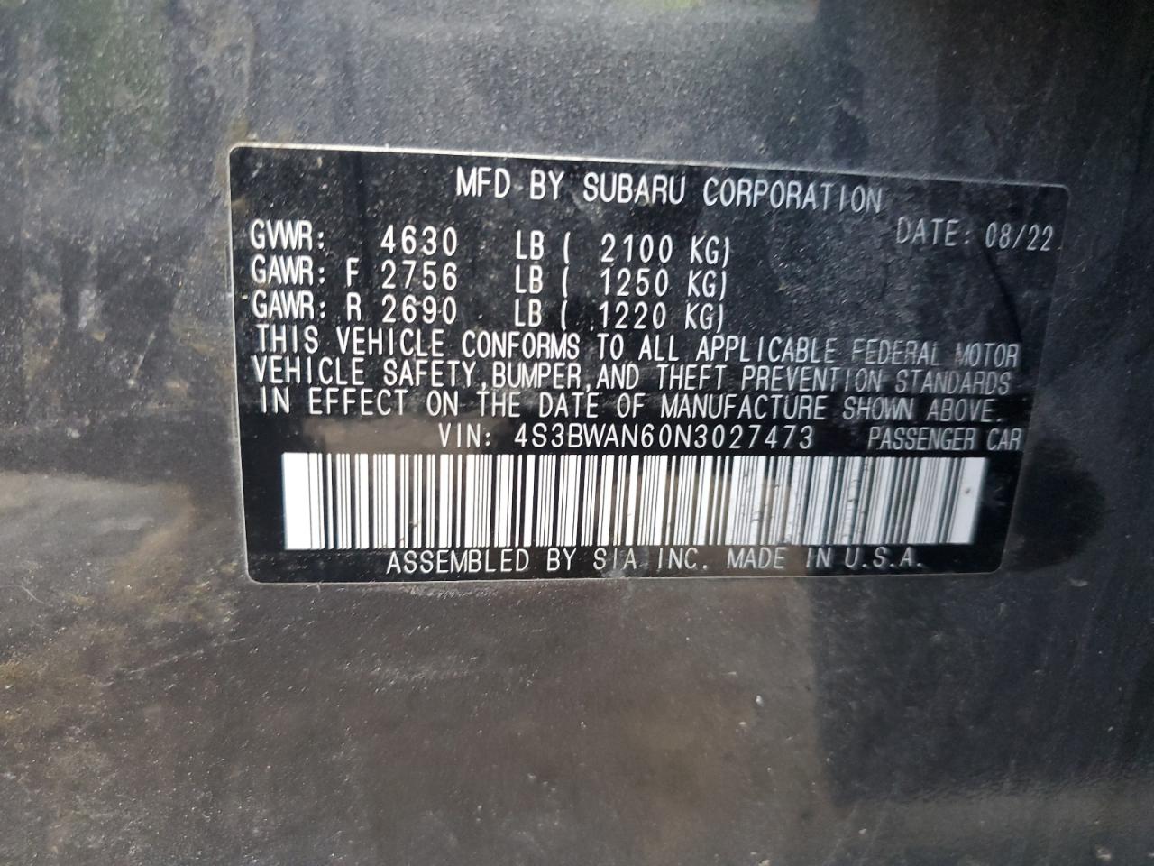 2022 SUBARU LEGACY LIMITED VIN:4S3BWAN60N3027473