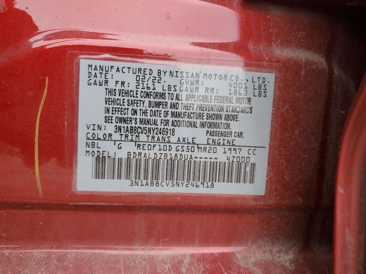 2022 NISSAN SENTRA SV VIN:3N1AB8CV5NY246918