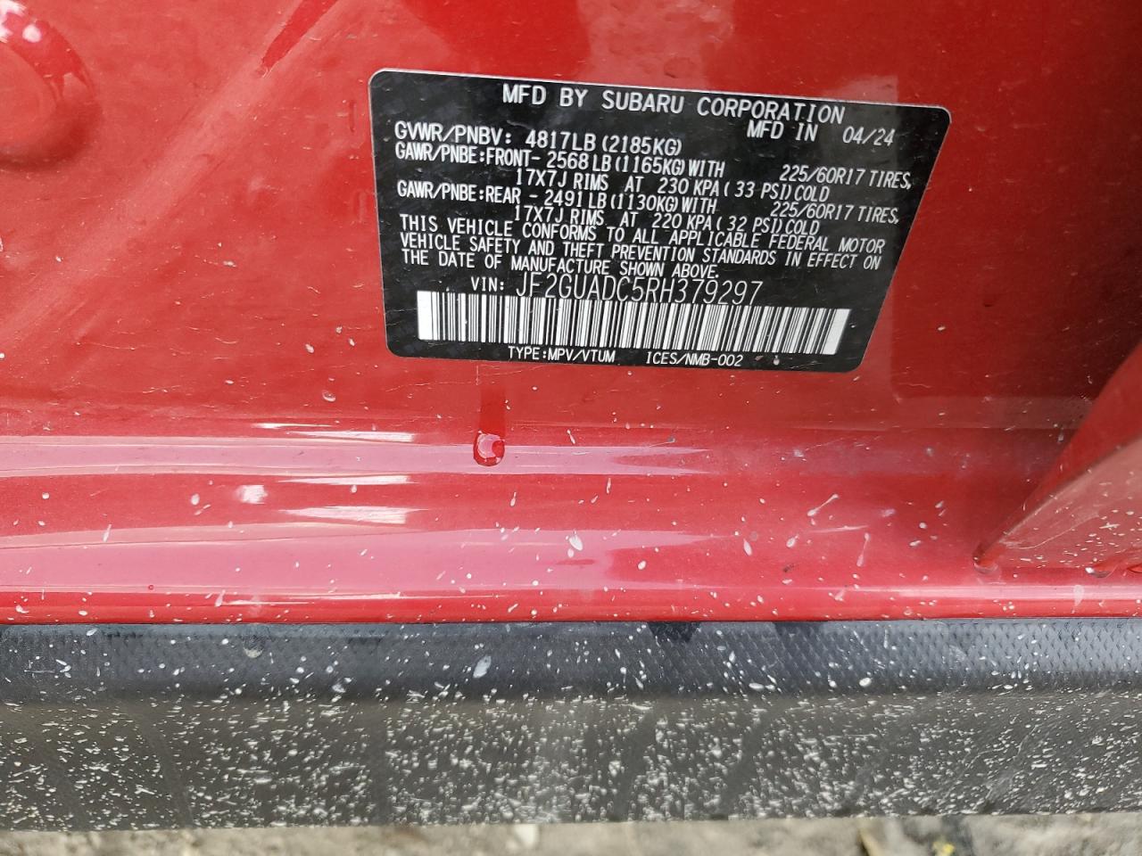 2024 SUBARU CROSSTREK PREMIUM VIN:JF2GUADC5RH379297