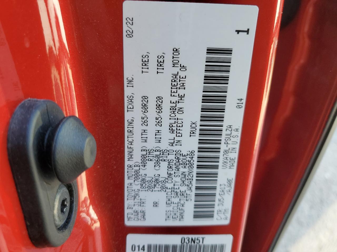 2022 TOYOTA TUNDRA CREWMAX LIMITED VIN:5TFJA5AB2NX005486