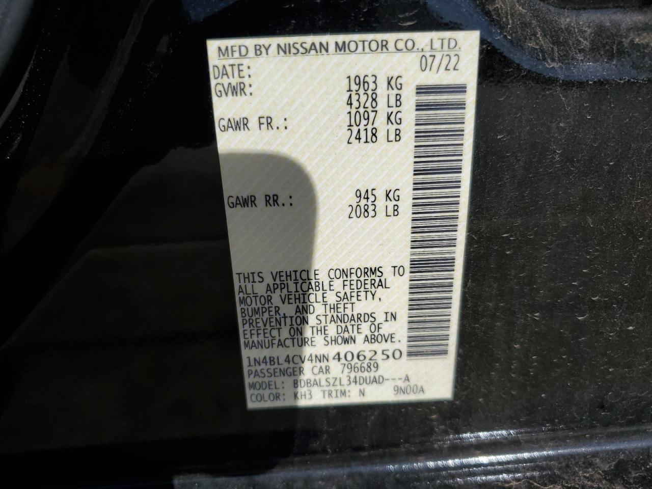 2022 NISSAN ALTIMA SR VIN:1N4BL4CV4NN406250
