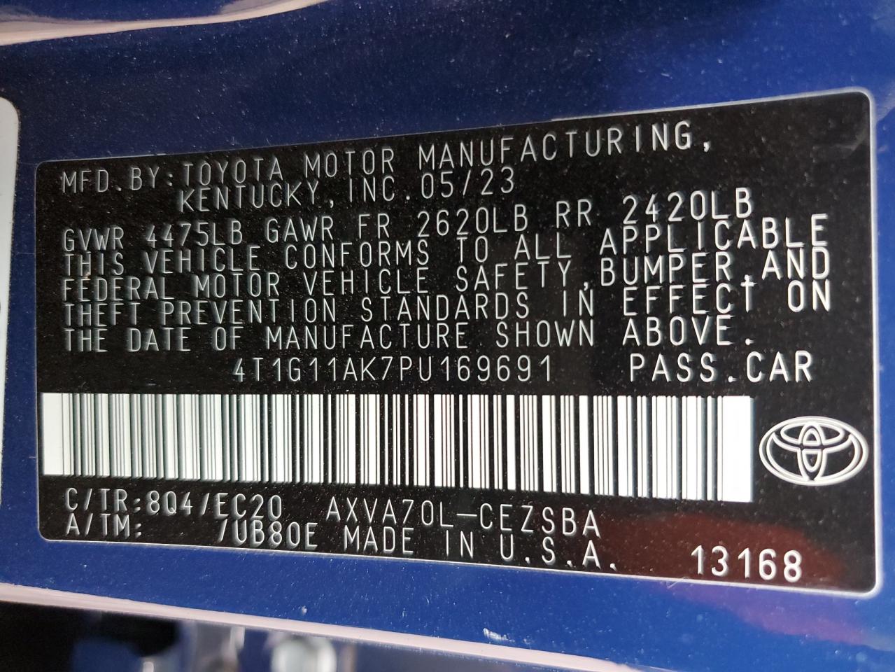 2023 TOYOTA CAMRY SE NIGHT SHADE VIN:4T1G11AK7PU169691