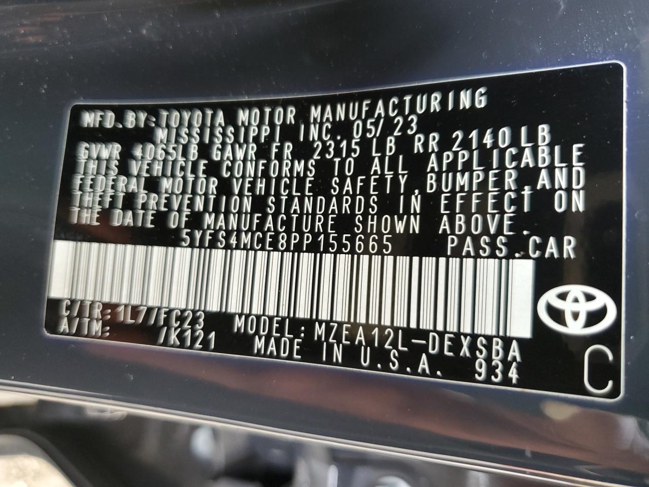 2023 TOYOTA COROLLA SE VIN:5YFS4MCE8PP155665