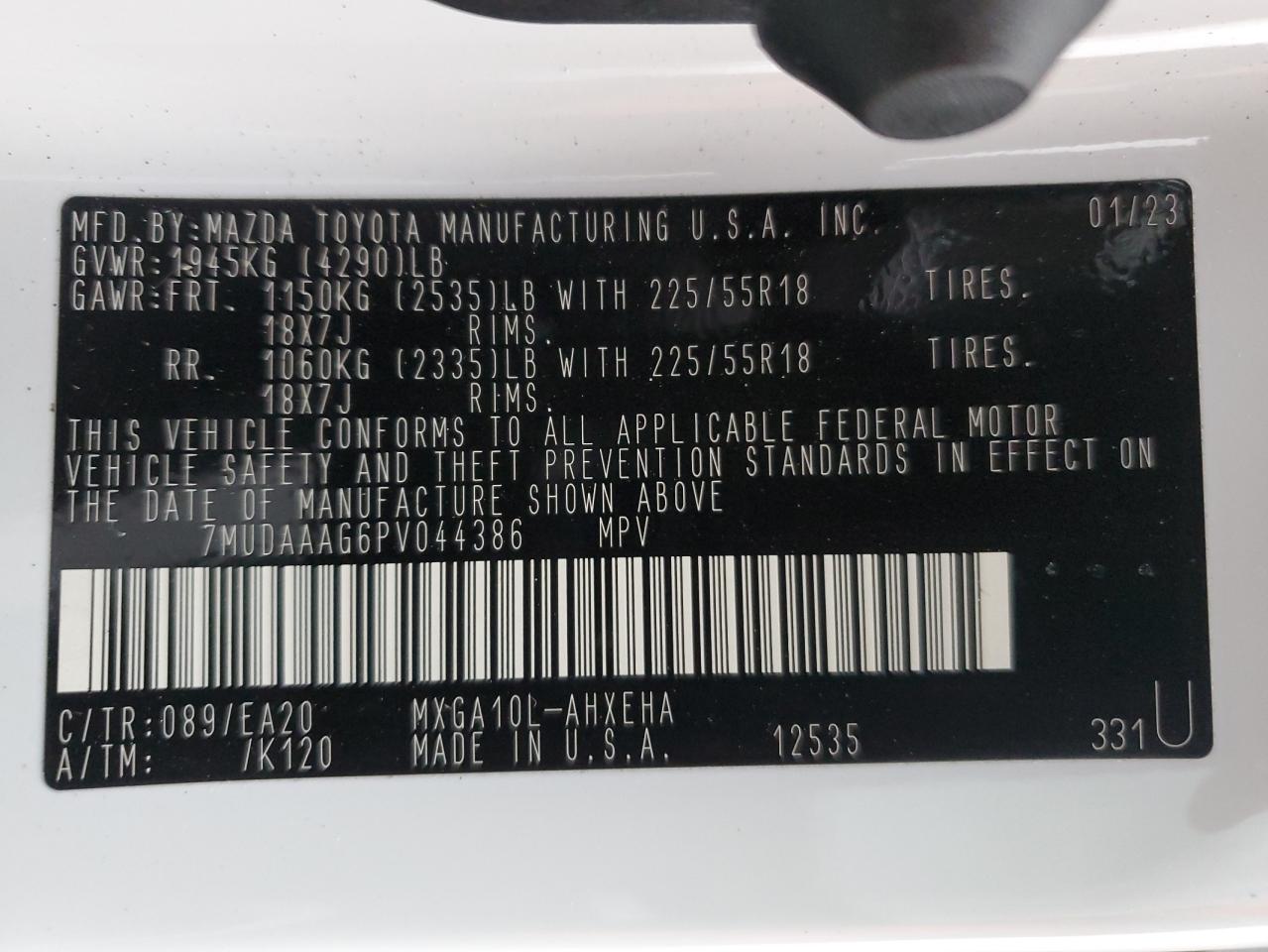 2023 TOYOTA COROLLA CROSS XLE VIN:7MUDAAAG6PV044386