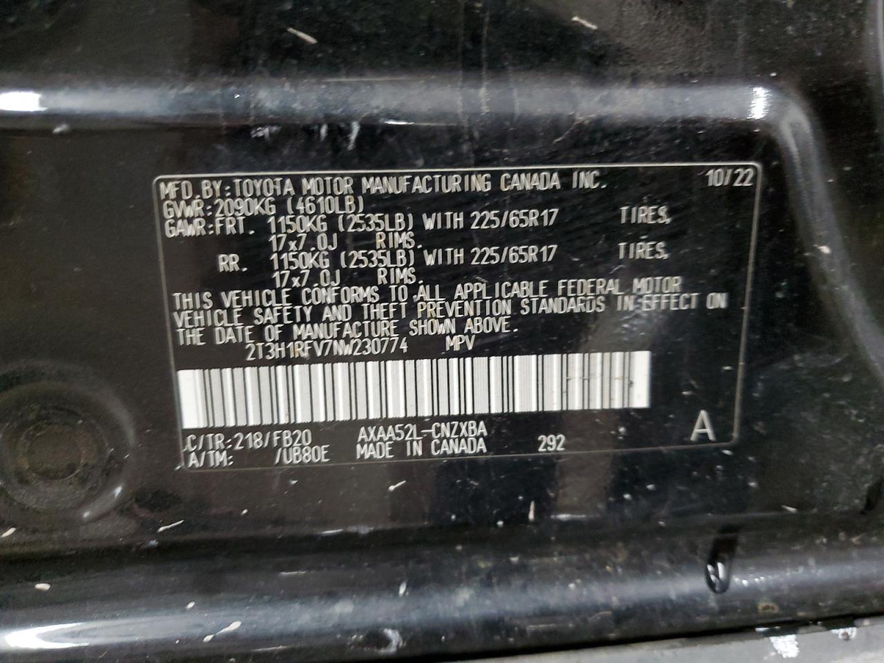 2022 TOYOTA RAV4 LE VIN:2T3H1RFV7NW230774