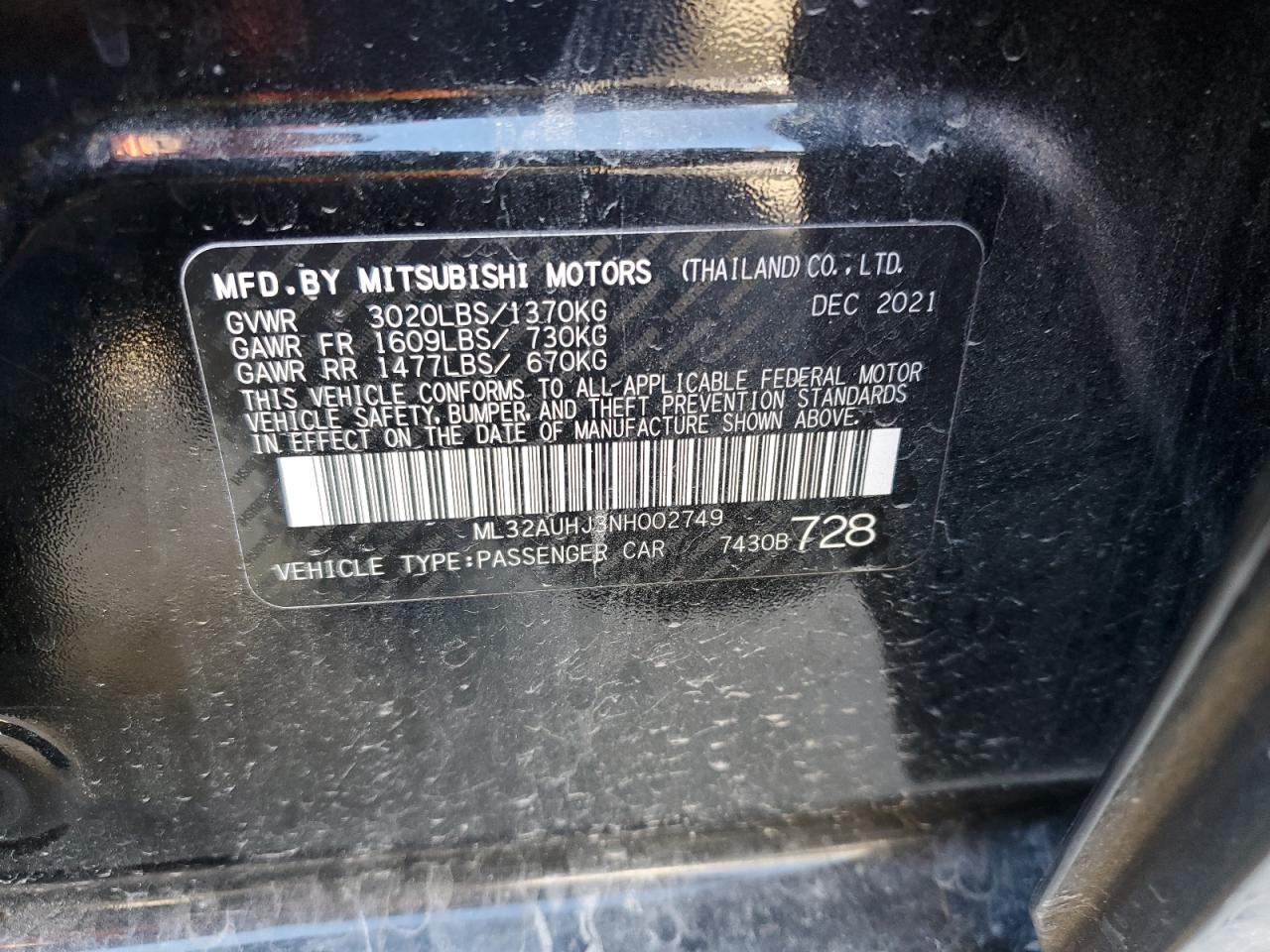 2022 MITSUBISHI MIRAGE ES VIN:ML32AUHJ3NH002749