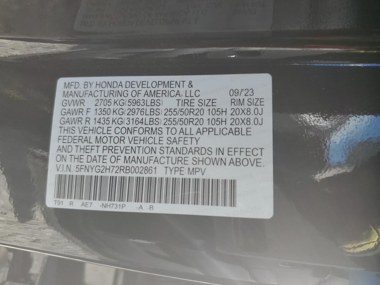 2024 HONDA PILOT TOURING VIN:5FNYG2H72RB002861