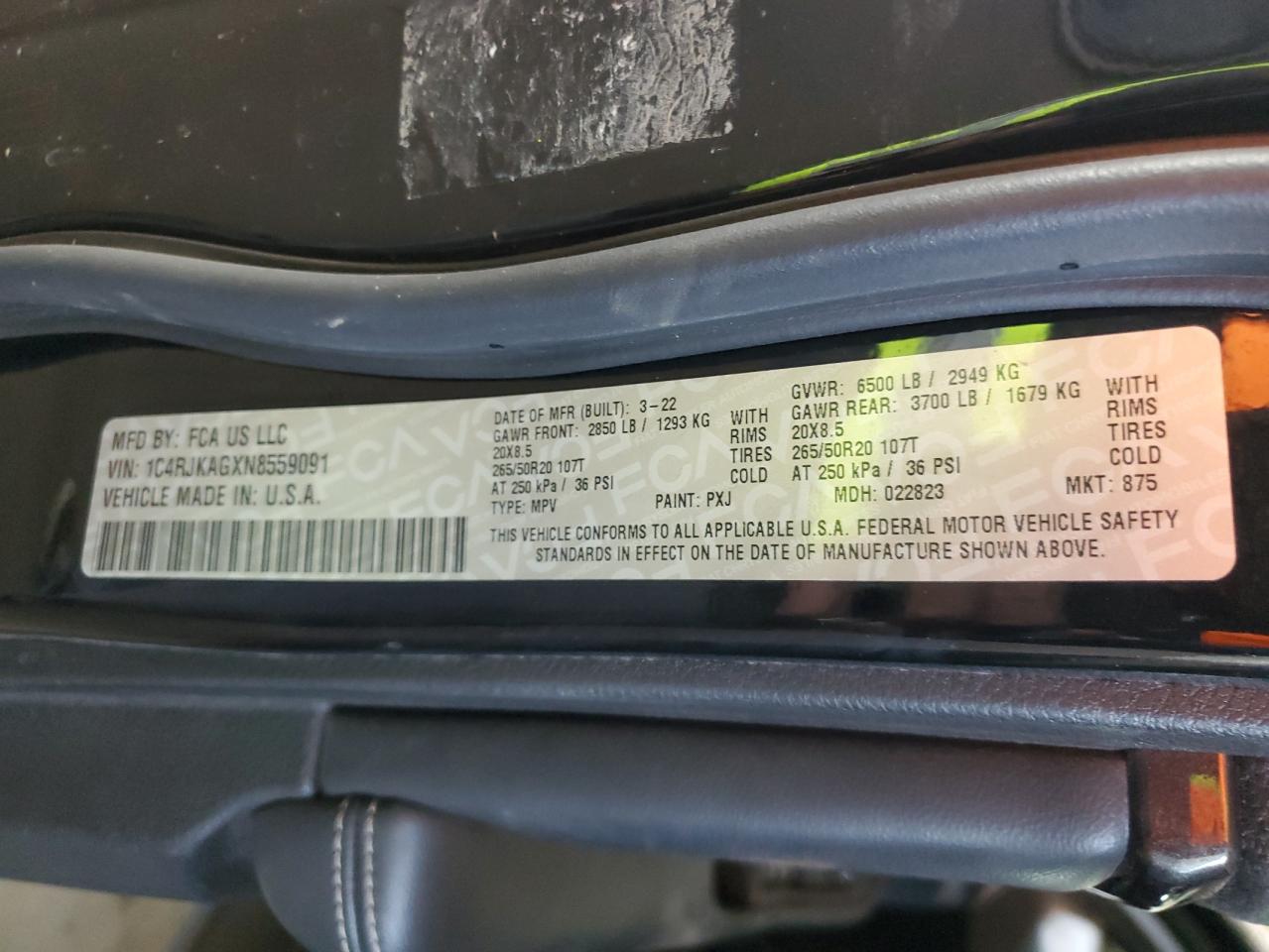 2022 JEEP GRAND CHEROKEE L LAREDO VIN:1C4RJKAGXN8559091