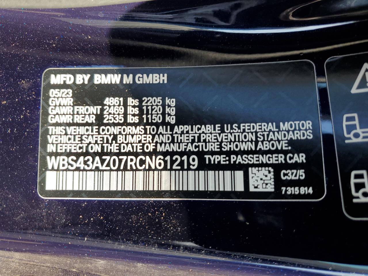 2024 BMW M4 COMPETITION VIN:WBS43AZ07RCN61219