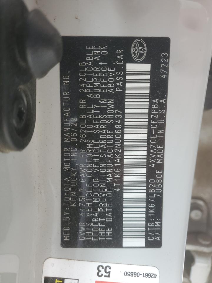2022 TOYOTA CAMRY XSE VIN:4T1K61AK2NU068437