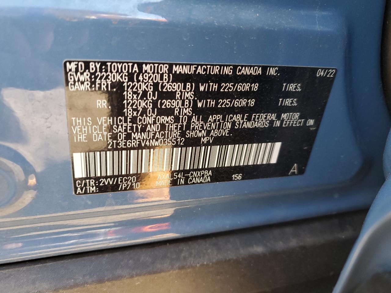 2022 TOYOTA RAV4 XSE VIN:2T3E6RFV4NW035512