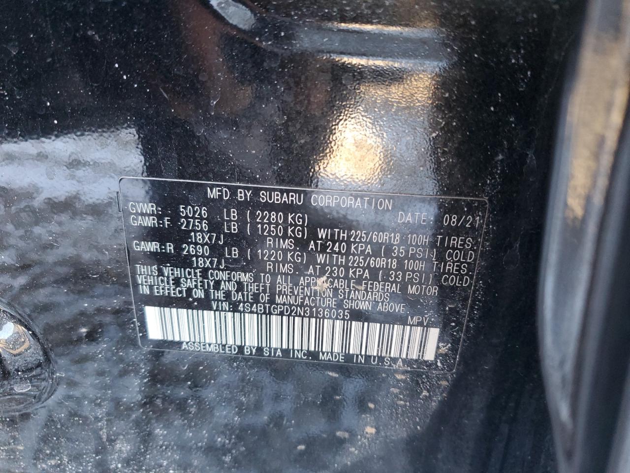 2022 SUBARU OUTBACK TOURING VIN:4S4BTGPD2N3136035