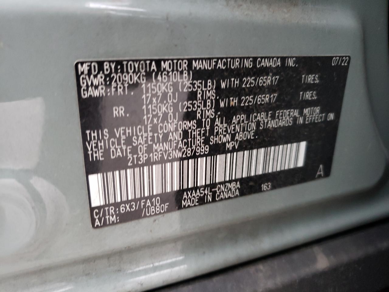 2022 TOYOTA RAV4 XLE VIN:2T3P1RFV3NW287999