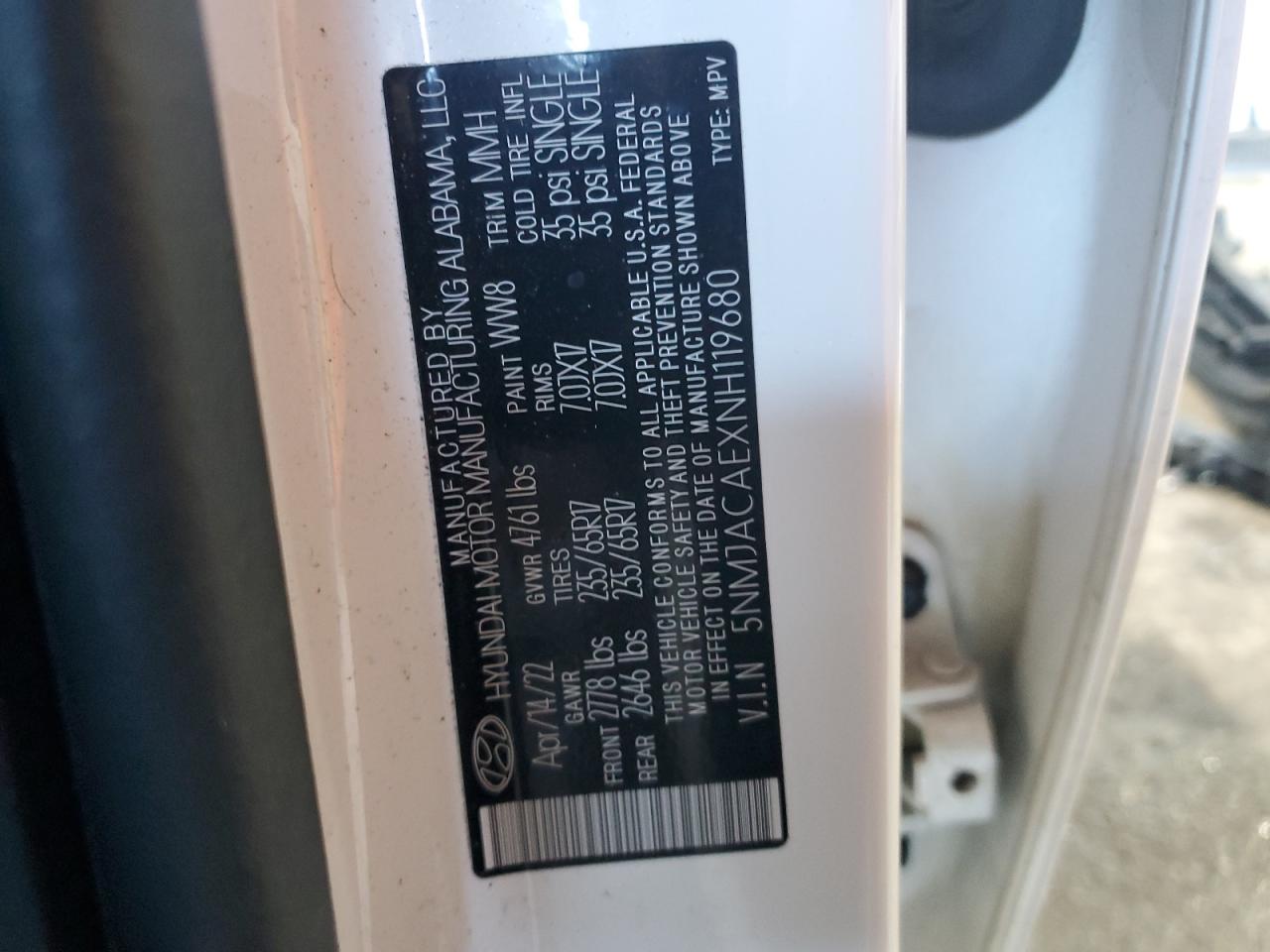 2022 HYUNDAI TUCSON SE VIN:5NMJACAEXNH119680