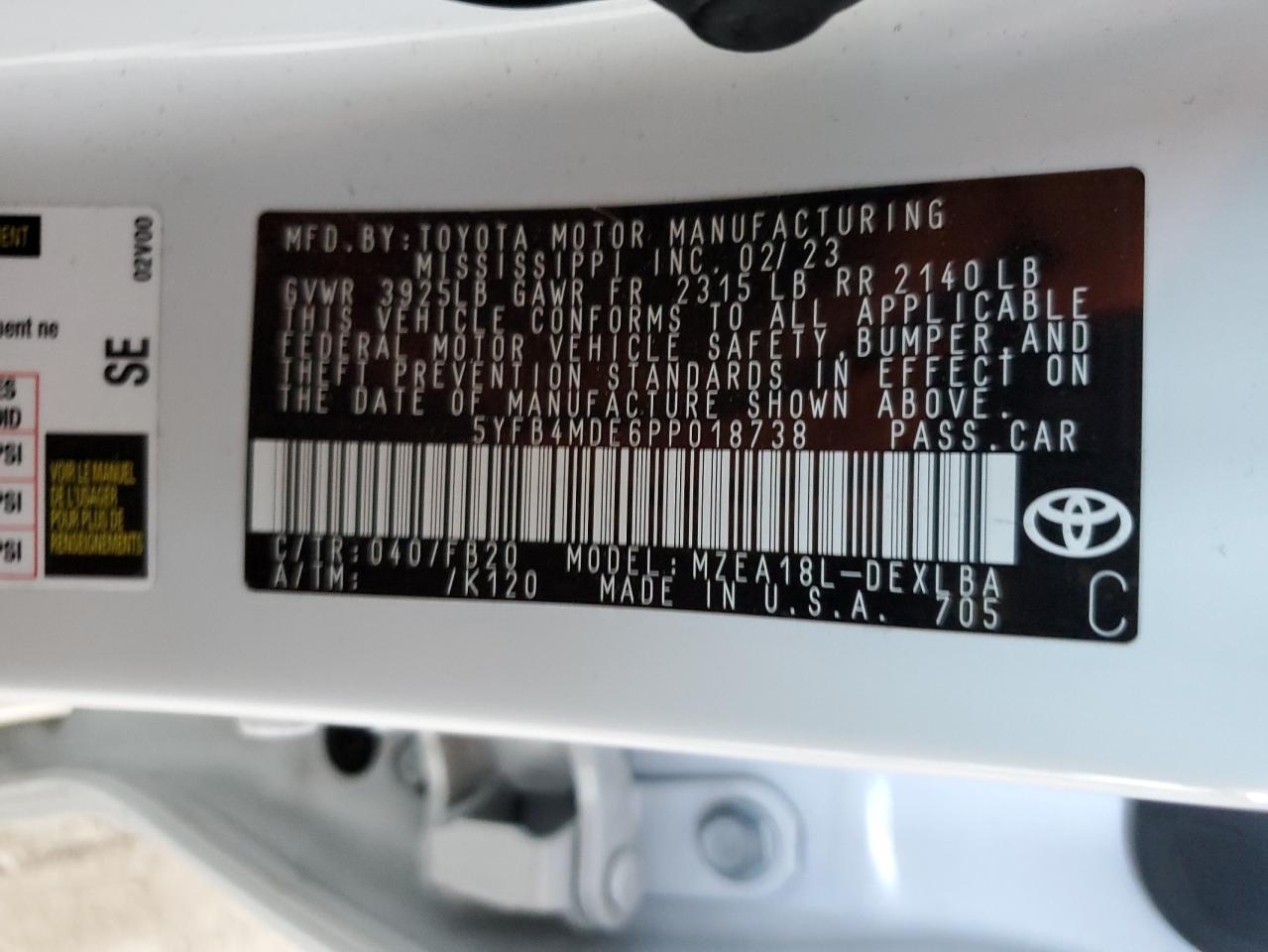 2023 TOYOTA COROLLA LE VIN:5YFB4MDE6PP018738