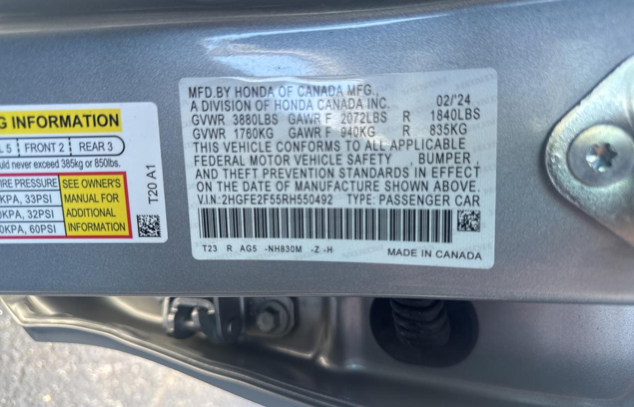 2024 HONDA CIVIC SPORT VIN:2HGFE2F55RH550492