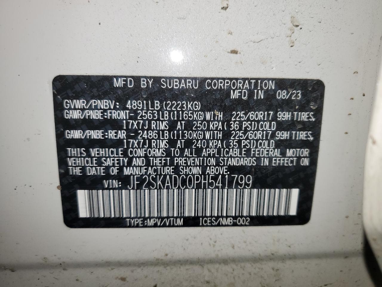 2023 SUBARU FORESTER PREMIUM VIN:JF2SKADC0PH541799