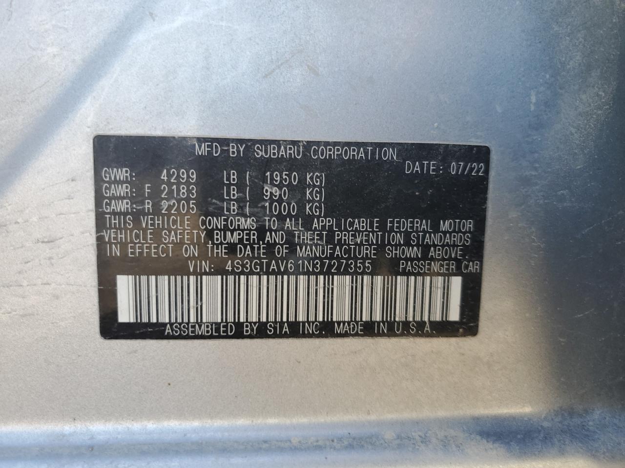 2022 SUBARU IMPREZA PREMIUM VIN:4S3GTAV61N3727355