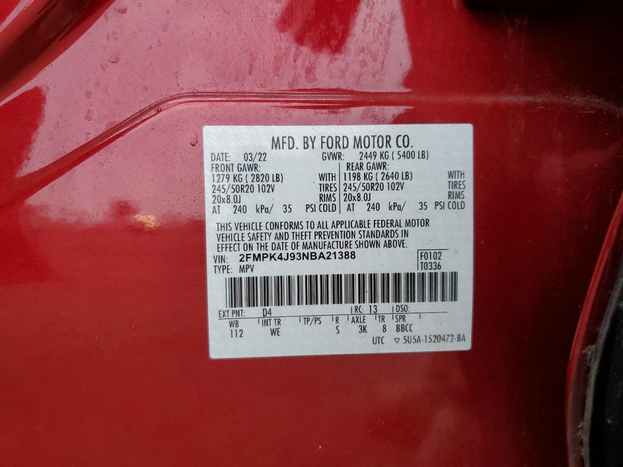 2022 FORD EDGE SEL VIN:2FMPK4J93NBA21388