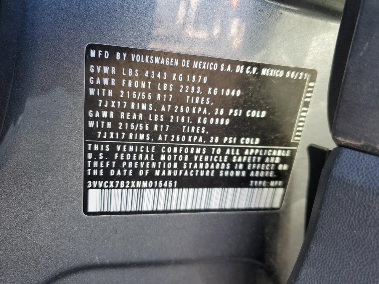 2022 VOLKSWAGEN TAOS S VIN:3VVCX7B2XNM015451
