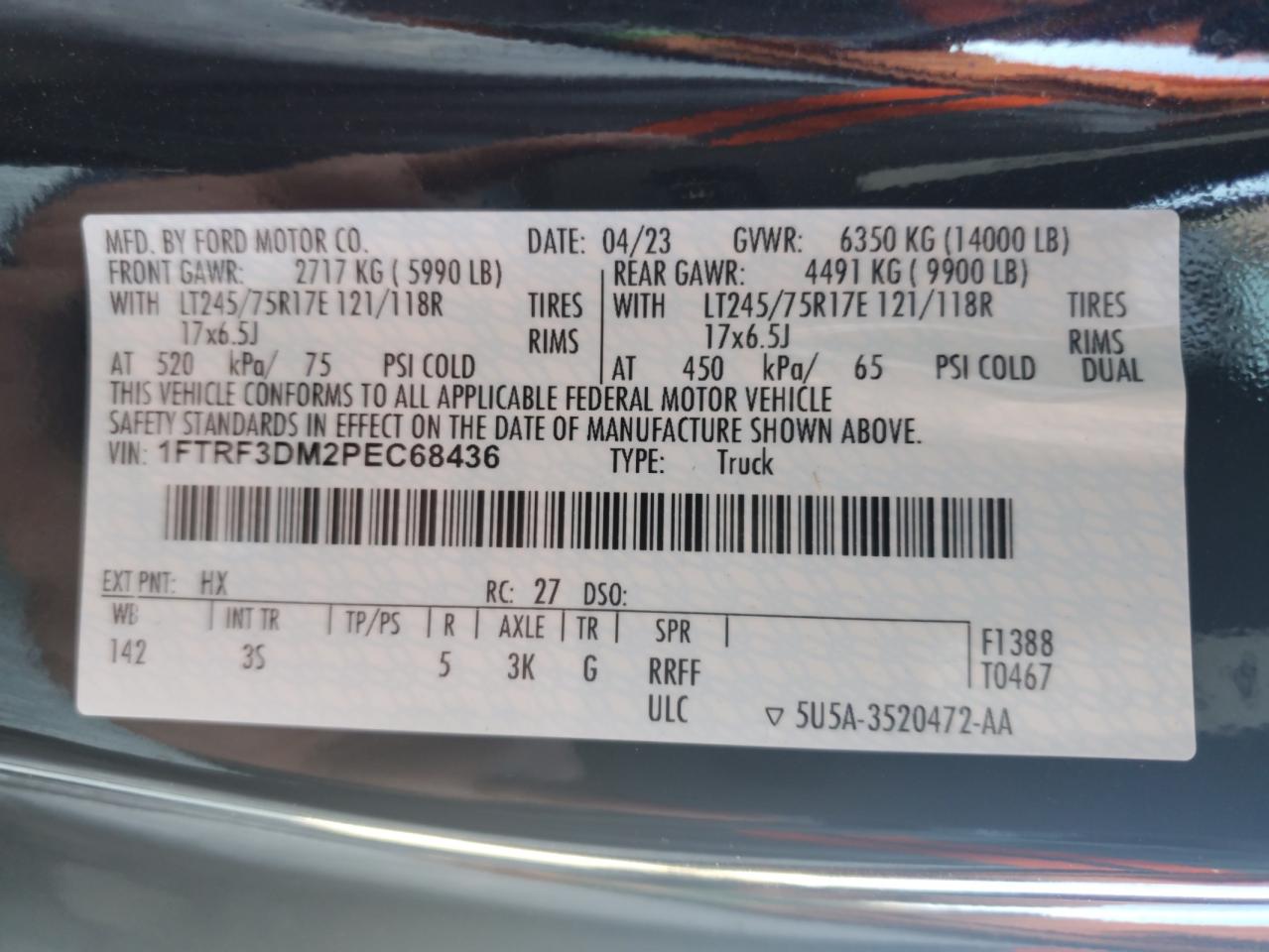 2023 FORD F350 SUPER DUTY VIN:1FTRF3DM2PEC68436
