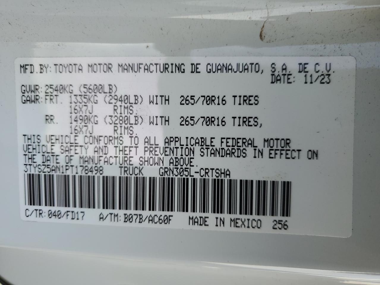 2023 TOYOTA TACOMA ACCESS CAB VIN:3TYSZ5AN1PT178498