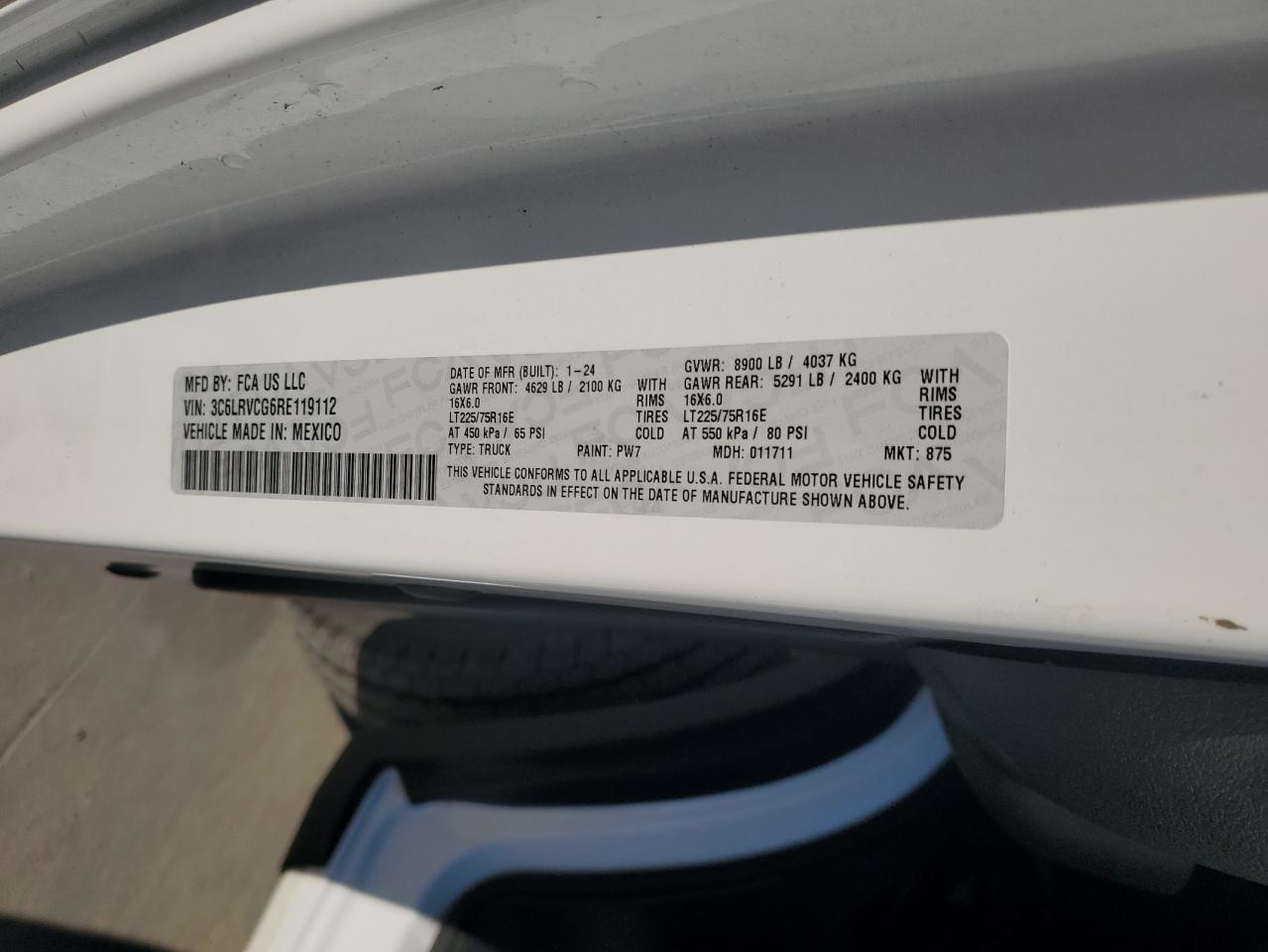 2024 RAM PROMASTER 2500 2500 HIGH VIN:3C6LRVCG6RE119112