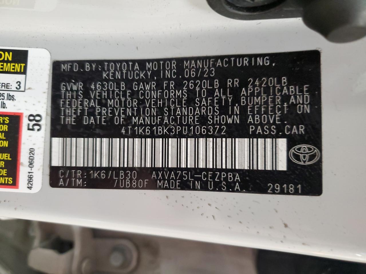 2023 TOYOTA CAMRY XSE VIN:4T1K61BK3PU106372