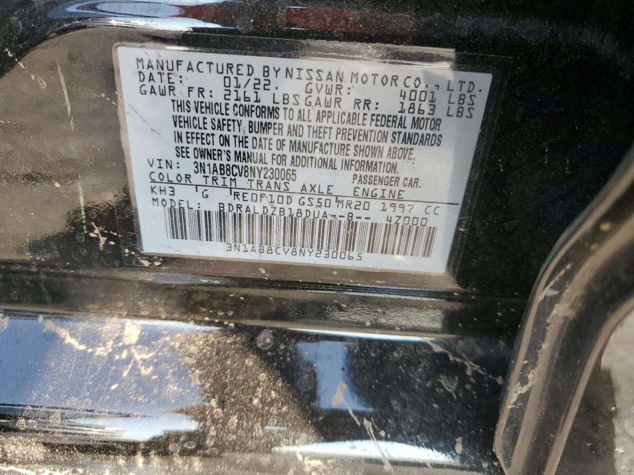 2022 NISSAN SENTRA SV VIN:3N1AB8CV8NY230065