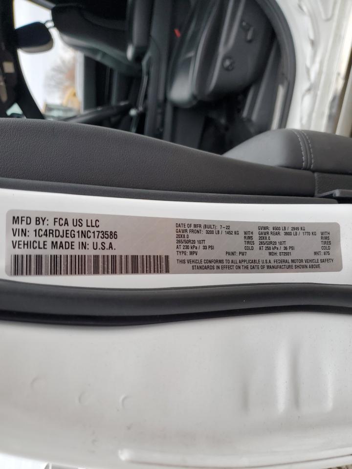 2022 DODGE DURANGO CITADEL VIN:1C4RDJEG1NC173586