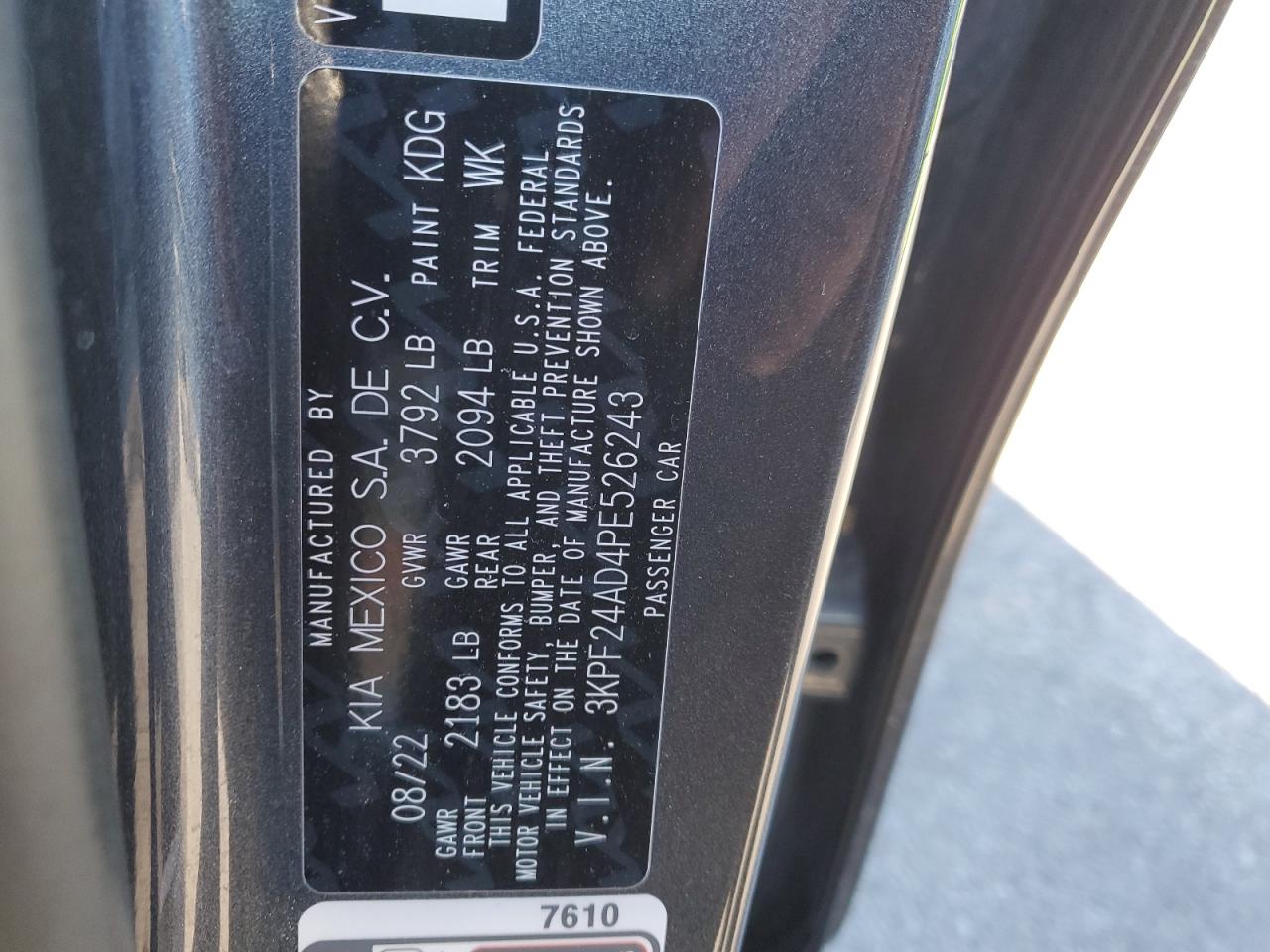 2023 KIA FORTE LX VIN:3KPF24AD4PE526243