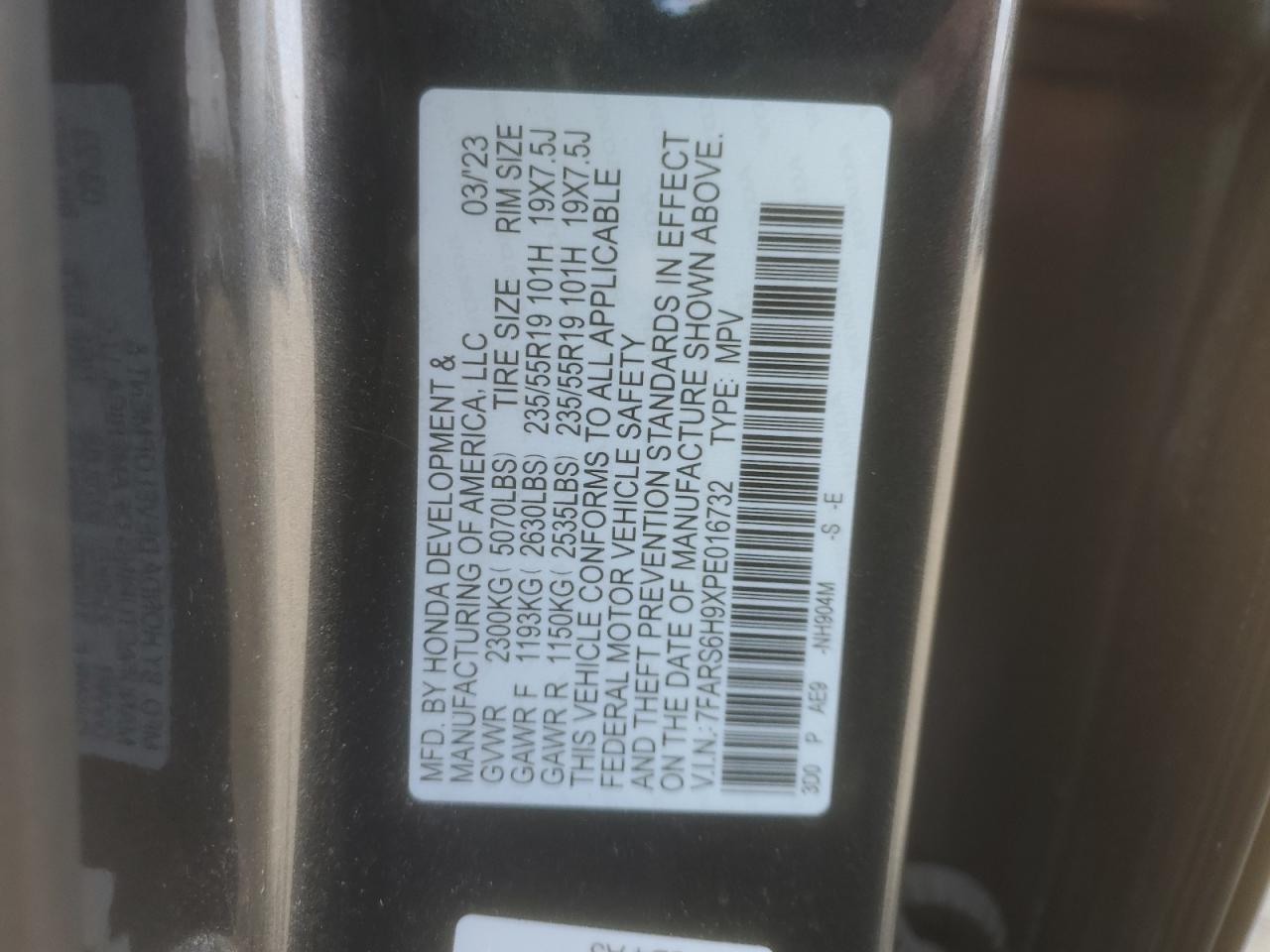 2023 HONDA CR-V SPORT TOURING VIN:7FARS6H9XPE016732
