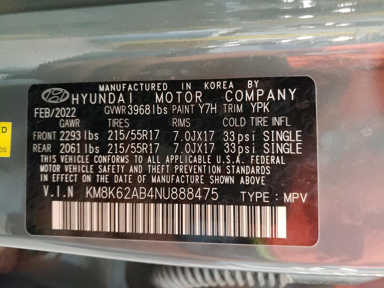 2022 HYUNDAI KONA SEL VIN:KM8K62AB4NU888475