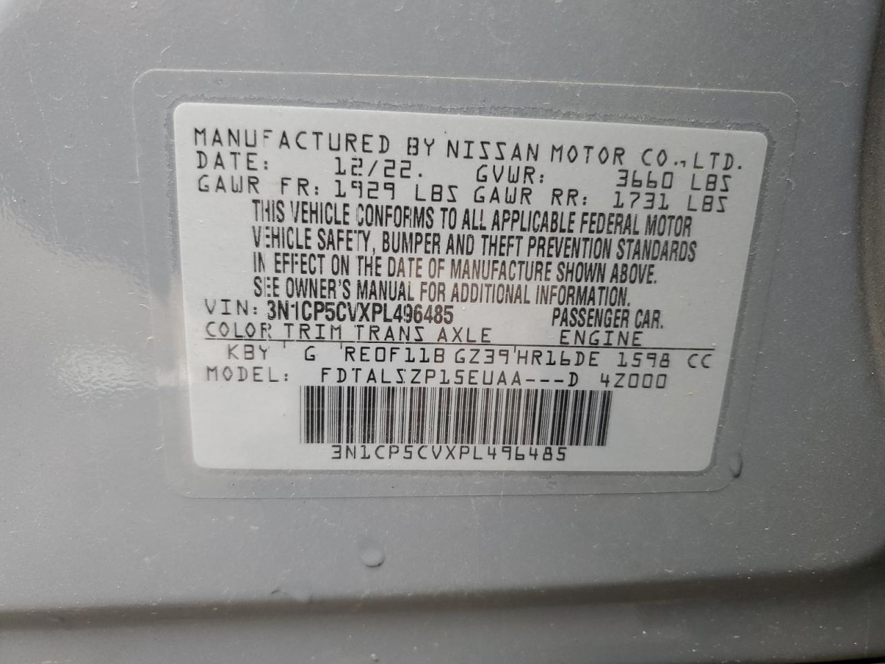 2023 NISSAN KICKS SV VIN:3N1CP5CVXPL496485