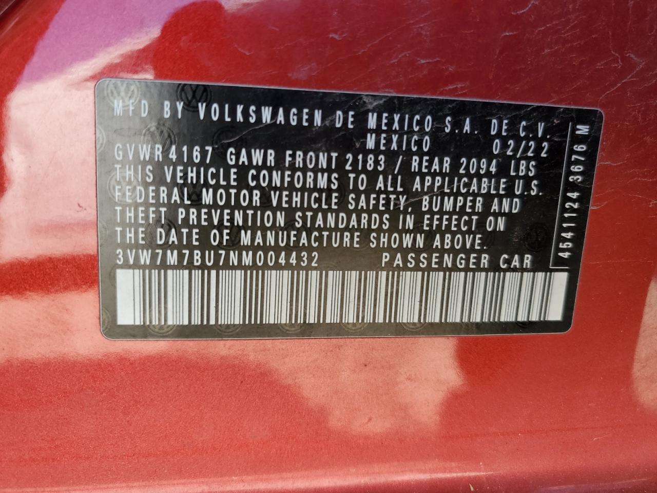 2022 VOLKSWAGEN JETTA SE VIN:3VW7M7BU7NM004432
