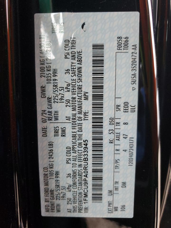 2024 FORD ESCAPE ST LINE ELITE VIN:1FMCU9PA0RUB33945