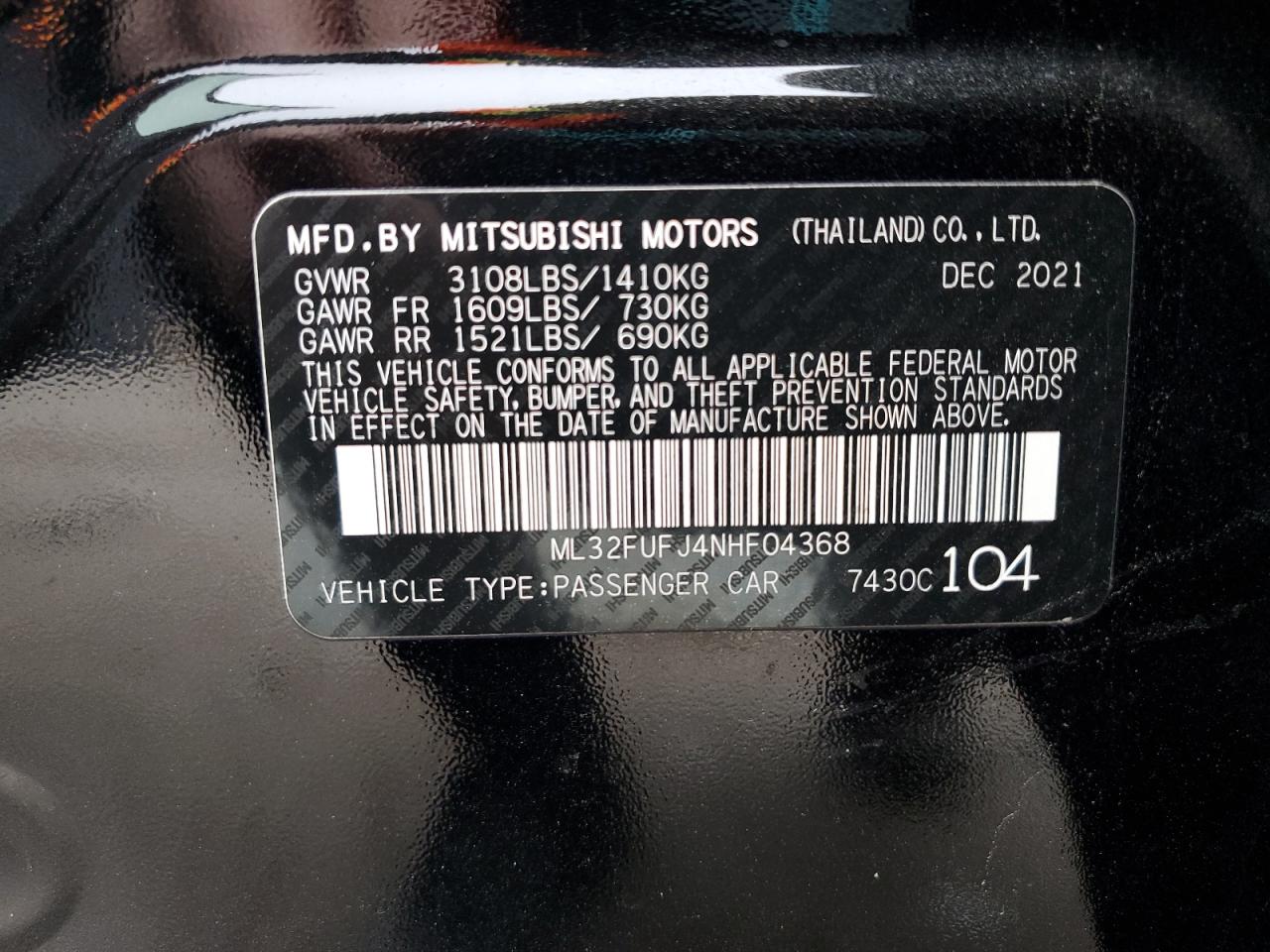 2022 MITSUBISHI MIRAGE G4 ES VIN:ML32FUFJ4NHF04368