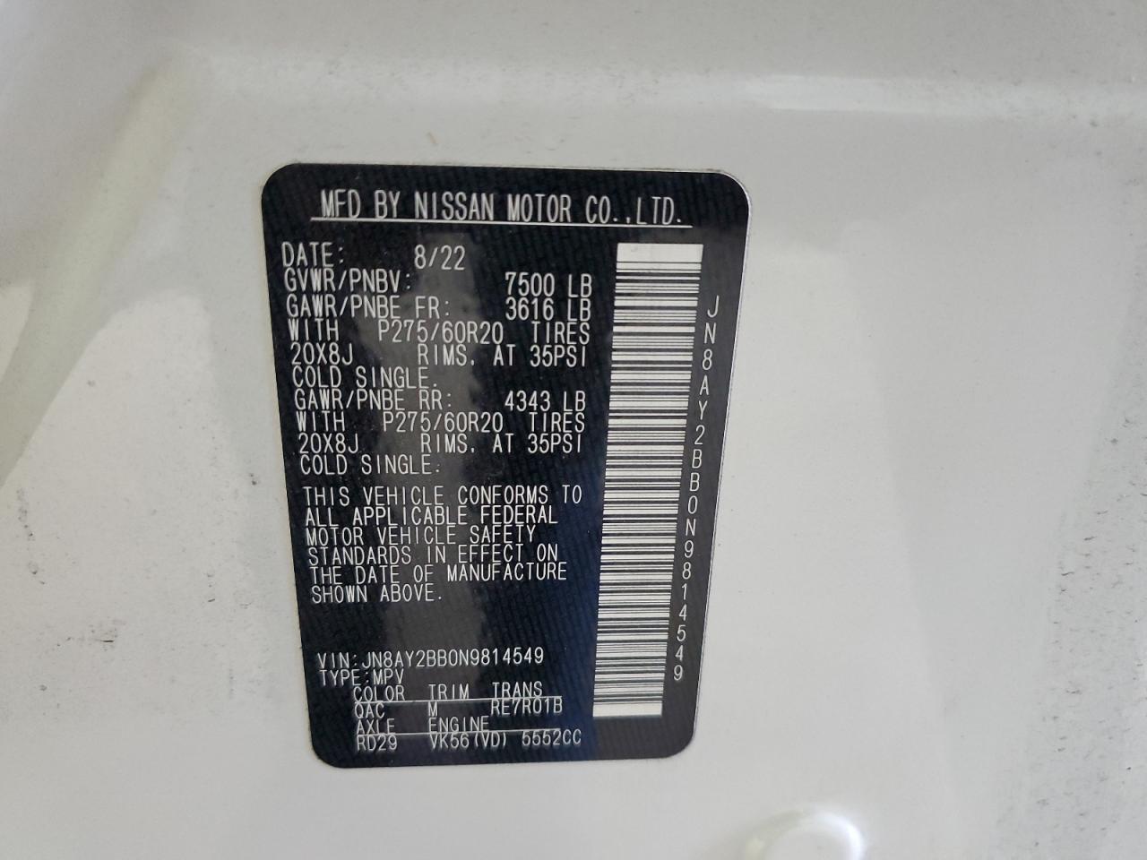 2022 NISSAN ARMADA SL VIN:JN8AY2BB0N9814549